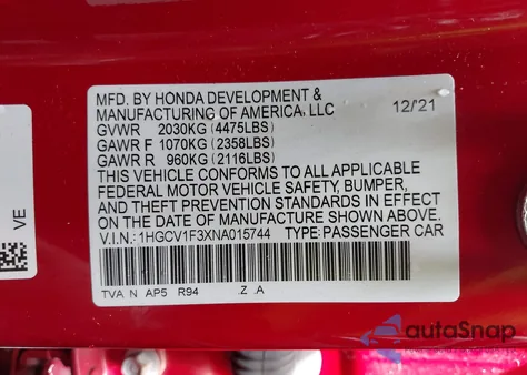 2022 Honda Accord Sport z USA, uszkodzony, nr VIN 1HGCV1F3XNA015744